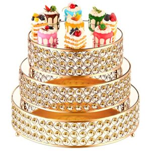 3 pieces crystal beads cake stand set round gold plated cupcake stand holder with mirror crystal dessert display stand cookies fruit serving tray for wedding birthday party supplies, 10/ 12/ 14 inches