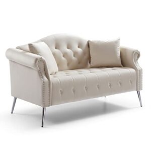 Homtique Velvet Loveseat Sofa for Living Room, Mid Century Modern Sofa Upholstered Button Tufted Rolled Arms and Metal Legs, 59.4" Small Sofa Couches for Small Spaces with 2 Pillows for Bedroom(Beige)