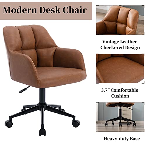 RIVOVA Modern PU Leather Office Desk Chair with Armrest, Height Adjustable Wide Seat Computer Task Chair for Home Office, Mid Back Accent Chair, Brown