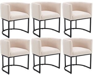 vescasa linen upholstered dining chairs with barrel back, mid century modern padded restaurant chairs with black metal frame for kitchen, dining room, set of 6, cream