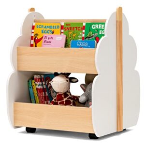 costzon kids wooden bookshelf w/universal wheels, 2-tier storage shelf book rack, toddler bookcase toy organizer for playing room, classroom, kindergarten