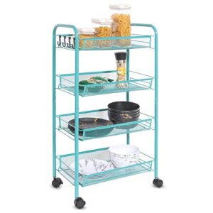 ruishetop rolling push cart stand shelves, storage rack with wheels with mesh wire basket, multifunction metal trolley organizer for home, office, bedroom, bathroom, kitchen (4-tier rack blue)