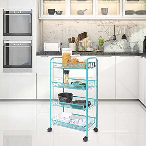 Ruishetop Rolling Push Cart Stand Shelves, Storage Rack with Wheels with Mesh Wire Basket, Multifunction Metal Trolley Organizer for Home, Office, Bedroom, Bathroom, Kitchen (4-Tier Rack Blue)