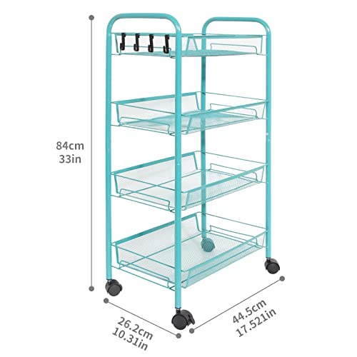 Ruishetop Rolling Push Cart Stand Shelves, Storage Rack with Wheels with Mesh Wire Basket, Multifunction Metal Trolley Organizer for Home, Office, Bedroom, Bathroom, Kitchen (4-Tier Rack Blue)