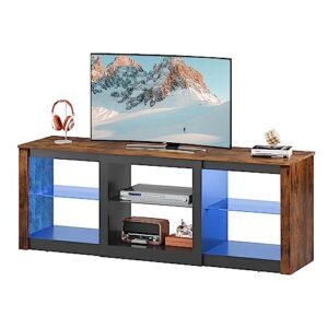 wlive tv stand with led lights for tvs up to 65 inch, entertainment center with glass shelves, modern tv console for living room, media console with storage, rustic brown