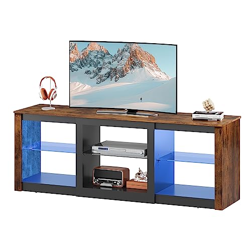 WLIVE TV Stand with LED Lights for TVs up to 65 inch, Entertainment Center with Glass Shelves, Modern TV Console for Living Room, Media Console with Storage, Rustic Brown