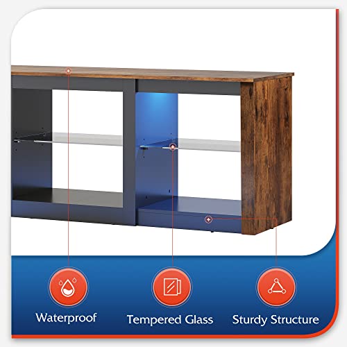 WLIVE TV Stand with LED Lights for TVs up to 65 inch, Entertainment Center with Glass Shelves, Modern TV Console for Living Room, Media Console with Storage, Rustic Brown
