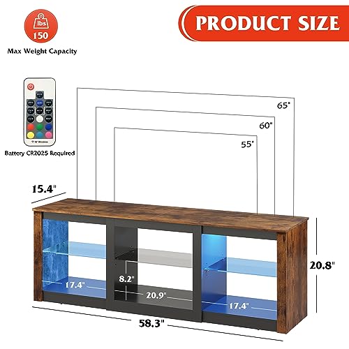 WLIVE TV Stand with LED Lights for TVs up to 65 inch, Entertainment Center with Glass Shelves, Modern TV Console for Living Room, Media Console with Storage, Rustic Brown