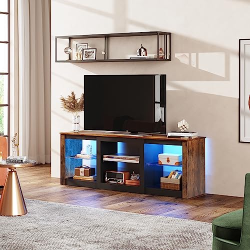 WLIVE TV Stand with LED Lights for TVs up to 65 inch, Entertainment Center with Glass Shelves, Modern TV Console for Living Room, Media Console with Storage, Rustic Brown