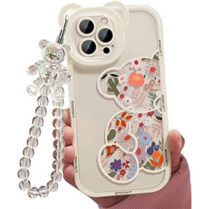 Aitipy Compatible with iPhone 12 Case, Cute Flowers Floral Bear Cover with Lovely Wrist Strap Bracelet Chain for Girls Women, Clear Kawaii Camera Protection Pretty Trendy Phone Skin