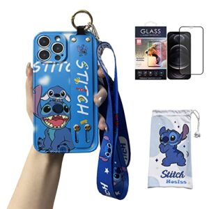 hosiss cartoon case for iphone 13 pro max 6.7" with hd screen protector, stitch upgraded wrist strap band adjustable lanyard tpu shockproof protective phone case for women