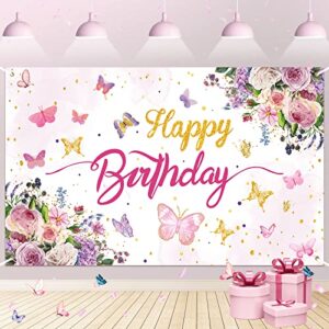 Butterfly Birthday Decorations Butterfly Backdrop Butterfly Birthday Banner for Girls Baby Shower Birthday Party Supplies, Pink and Purple Floral Gold Spots Spring Theme Background 70.8 x 43.3 Inch