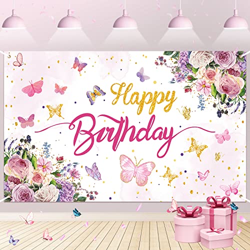 Butterfly Birthday Decorations Butterfly Backdrop Butterfly Birthday Banner for Girls Baby Shower Birthday Party Supplies, Pink and Purple Floral Gold Spots Spring Theme Background 70.8 x 43.3 Inch