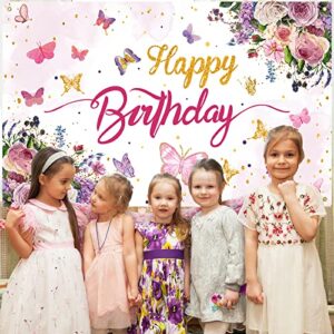 Butterfly Birthday Decorations Butterfly Backdrop Butterfly Birthday Banner for Girls Baby Shower Birthday Party Supplies, Pink and Purple Floral Gold Spots Spring Theme Background 70.8 x 43.3 Inch