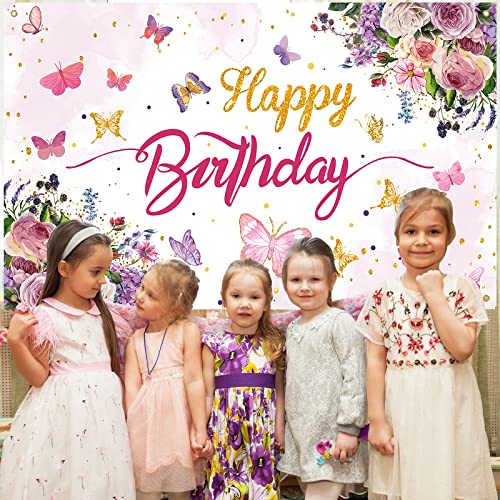 Butterfly Birthday Decorations Butterfly Backdrop Butterfly Birthday Banner for Girls Baby Shower Birthday Party Supplies, Pink and Purple Floral Gold Spots Spring Theme Background 70.8 x 43.3 Inch