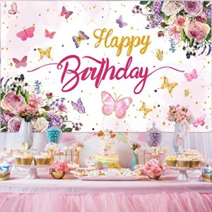Butterfly Birthday Decorations Butterfly Backdrop Butterfly Birthday Banner for Girls Baby Shower Birthday Party Supplies, Pink and Purple Floral Gold Spots Spring Theme Background 70.8 x 43.3 Inch