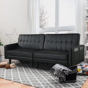 OQQOEE Futon Sofa Bed Modern Faux Leather Upholstered Convertible Folding Lounge Couch- Loveseat Sofa Sleeper with Adjustable Backrest and Side Pockets for Compact Living Space (Black)