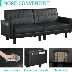 OQQOEE Futon Sofa Bed Modern Faux Leather Upholstered Convertible Folding Lounge Couch- Loveseat Sofa Sleeper with Adjustable Backrest and Side Pockets for Compact Living Space (Black)