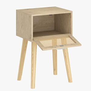 LAATOOREE Nightstand Set of 2, Boho Bedside Table with Rattan Door Solid Wood Feet for Bedroom Living Room Small Space