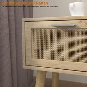 LAATOOREE Nightstand Set of 2, Boho Bedside Table with Rattan Door Solid Wood Feet for Bedroom Living Room Small Space