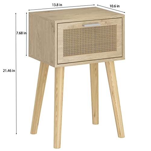 LAATOOREE Nightstand Set of 2, Boho Bedside Table with Rattan Door Solid Wood Feet for Bedroom Living Room Small Space