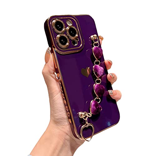 VANIPUFF Compatible with iPhone 14 PRO MAX 5g Case with Love Heart Bracelet Luxury Cute Hearts Cover for Women with Metal Chain Strap Gold Plated with Side Love Pattern Soft Shockproof Bumper (Purple)