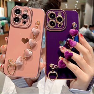 VANIPUFF Compatible with iPhone 14 PRO MAX 5g Case with Love Heart Bracelet Luxury Cute Hearts Cover for Women with Metal Chain Strap Gold Plated with Side Love Pattern Soft Shockproof Bumper (Purple)