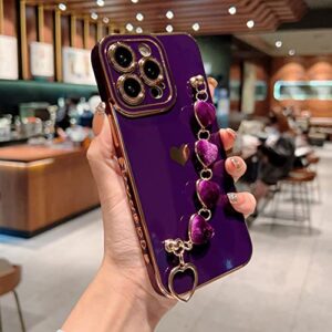 VANIPUFF Compatible with iPhone 14 PRO MAX 5g Case with Love Heart Bracelet Luxury Cute Hearts Cover for Women with Metal Chain Strap Gold Plated with Side Love Pattern Soft Shockproof Bumper (Purple)