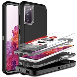 samsung galaxy s20 fe 5g case - hong-amy 3-in-1 heavy duty shockproof protection with 2 tempered glass screen protectors (black/grey)