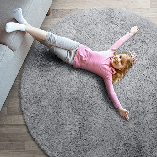 Signature Loom Fluffy Shaggy Area Rug 4 Foot Round – Soft Fuzzy Velvet Rugs for Girls Bedroom – Shaggy Carpet for Kids Room Non-Slip Bottom – Soft Fluffy Throw Rug Indoor Living Room Carpet, Grey