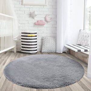 Signature Loom Fluffy Shaggy Area Rug 4 Foot Round – Soft Fuzzy Velvet Rugs for Girls Bedroom – Shaggy Carpet for Kids Room Non-Slip Bottom – Soft Fluffy Throw Rug Indoor Living Room Carpet, Grey