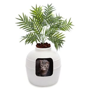 pets best products - the original hidden litter box, white with phoenix palm plant and lava rock