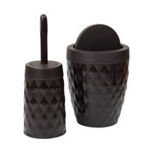 mind reader basket collection, round wastepaper basket with swivel lid and toilet brush set, bathroom, 2 piece set, bin is 8.75"w x 11.25"h and the brush is 15.25" h, 8.75"l x 8.75"w x 11.25"h, brown