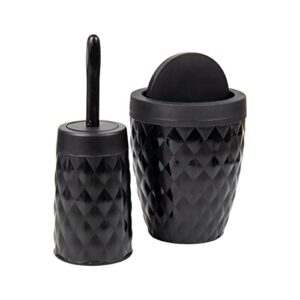 mind reader basket collection, round wastepaper basket with swivel lid and toilet brush set, bathroom, 2 piece set, bin is 8.75"w x 11.25"h and the brush is 15.25" h, 8.75"l x 8.75"w x 11.25"h, black