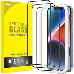 jetech full coverage screen protector for iphone 14 plus 6.7-inch (not for iphone 14 6.1-inch), black edge tempered glass film with easy installation tool, case-friendly, hd clear, 3-pack