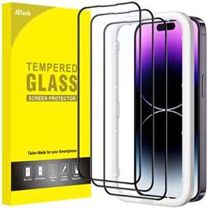 jetech full coverage screen protector for iphone 14 pro 6.1-inch (not for iphone 14 pro max 6.7-inch), black edge tempered glass film with easy installation tool, case-friendly, hd clear, 3-pack
