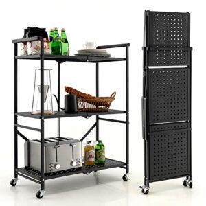 tangkula 3-tier foldable storage shelves, steel storage rack with 2 handles, 4 caster wheels and hook buckle, collapsible utility cart for garage kitchen, 3-shelf metal shelving units (1, black)