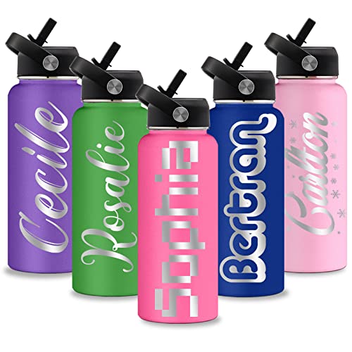 Farmelov Personalized Water Bottles Custom Name Insulated Water Bottle with Straw, Engraved Waterbottle Customized Gifts for Kids School Girls Boys Men Women - 24oz