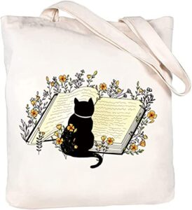 canvas tote bag for woman,reusable fabric bags funny aesthetic tote bag with zipper cute cat flower tote bag reusable grocery bags book lightweight