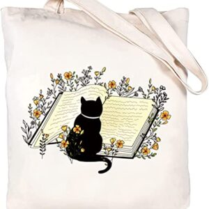 Canvas Tote Bag For Woman,Reusable Fabric Bags Funny Aesthetic Tote Bag With Zipper Cute Cat Flower Tote Bag Reusable Grocery Bags Book Lightweight