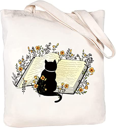 Canvas Tote Bag For Woman,Reusable Fabric Bags Funny Aesthetic Tote Bag With Zipper Cute Cat Flower Tote Bag Reusable Grocery Bags Book Lightweight