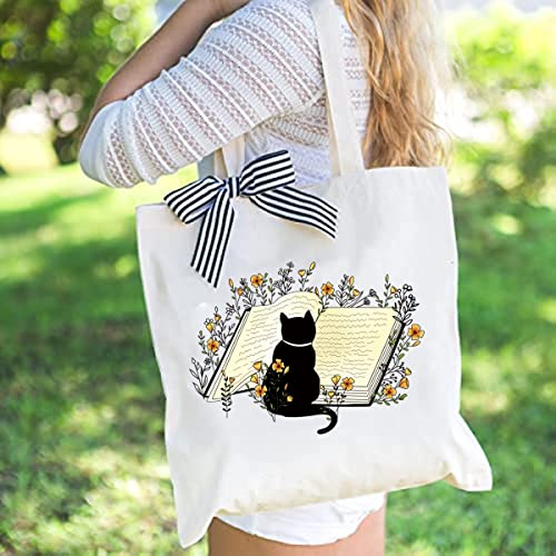 Canvas Tote Bag For Woman,Reusable Fabric Bags Funny Aesthetic Tote Bag With Zipper Cute Cat Flower Tote Bag Reusable Grocery Bags Book Lightweight