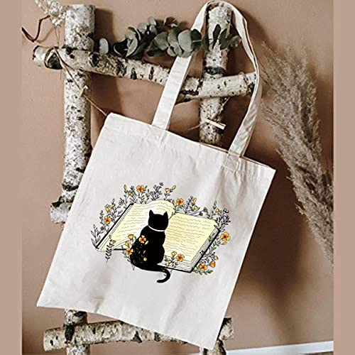 Canvas Tote Bag For Woman,Reusable Fabric Bags Funny Aesthetic Tote Bag With Zipper Cute Cat Flower Tote Bag Reusable Grocery Bags Book Lightweight