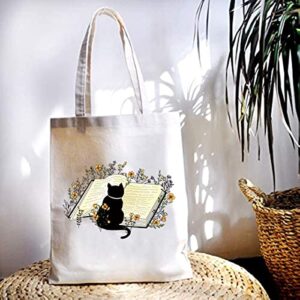 Canvas Tote Bag For Woman,Reusable Fabric Bags Funny Aesthetic Tote Bag With Zipper Cute Cat Flower Tote Bag Reusable Grocery Bags Book Lightweight