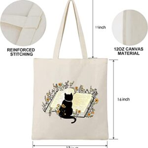 Canvas Tote Bag For Woman,Reusable Fabric Bags Funny Aesthetic Tote Bag With Zipper Cute Cat Flower Tote Bag Reusable Grocery Bags Book Lightweight