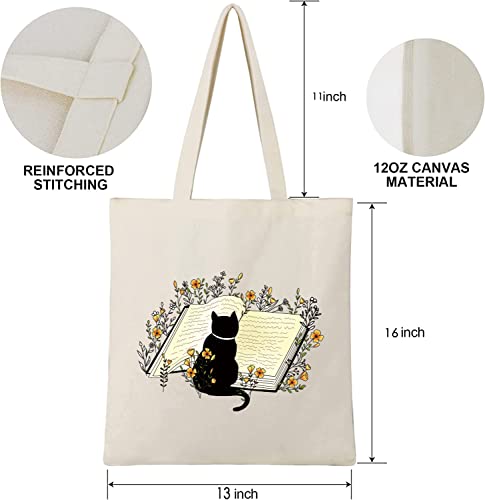 Canvas Tote Bag For Woman,Reusable Fabric Bags Funny Aesthetic Tote Bag With Zipper Cute Cat Flower Tote Bag Reusable Grocery Bags Book Lightweight