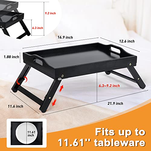 Greenual Breakfast Bed Tray for Eating with Adjustable Height Serving Tray with Folding Legs Food Tables with Locking Legs Phone Holder Portable Laptop Snack Platter for Bedroom Picnic - Black