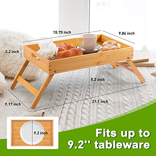 Greenual Bed Tray Table with Folding Legs for Eating Serving Tray with Handles Bamboo Breakfast Food Table Comes with Phone Holder Portable Snack Platter for Bedroom Hospital Picnic