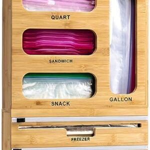 KitchenTell Ziplock Bag Organizer Bags - 6 in 1 Storage Bag Organizer Foil Kitchen Drawer, Plastic Bag Organizer for Drawer, Ziplock Bag Holder for Filing, Wooden Sandwich Bag Organizer