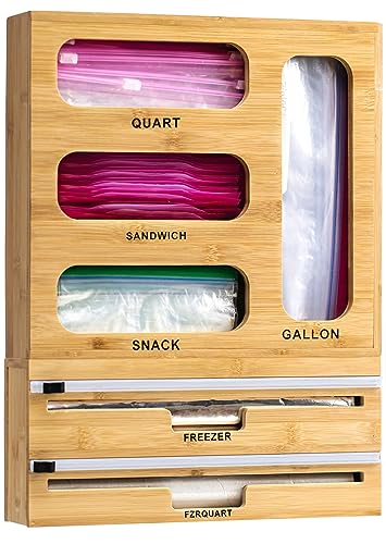 KitchenTell Ziplock Bag Organizer Bags - 6 in 1 Storage Bag Organizer Foil Kitchen Drawer, Plastic Bag Organizer for Drawer, Ziplock Bag Holder for Filing, Wooden Sandwich Bag Organizer